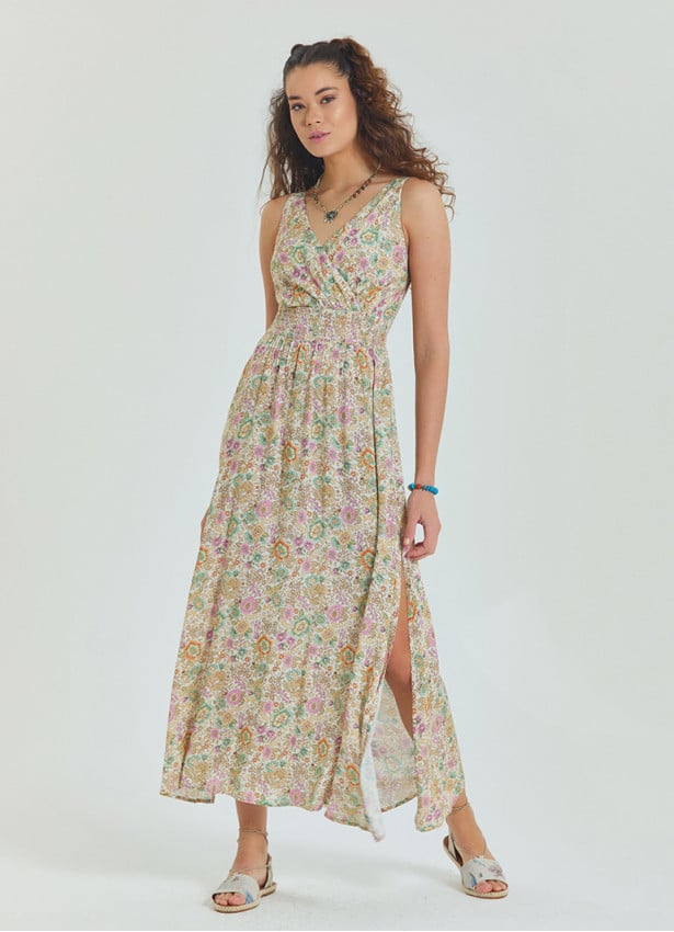 Double Breasted Collar Long Beige Dress with Slit from the Yoke 4561